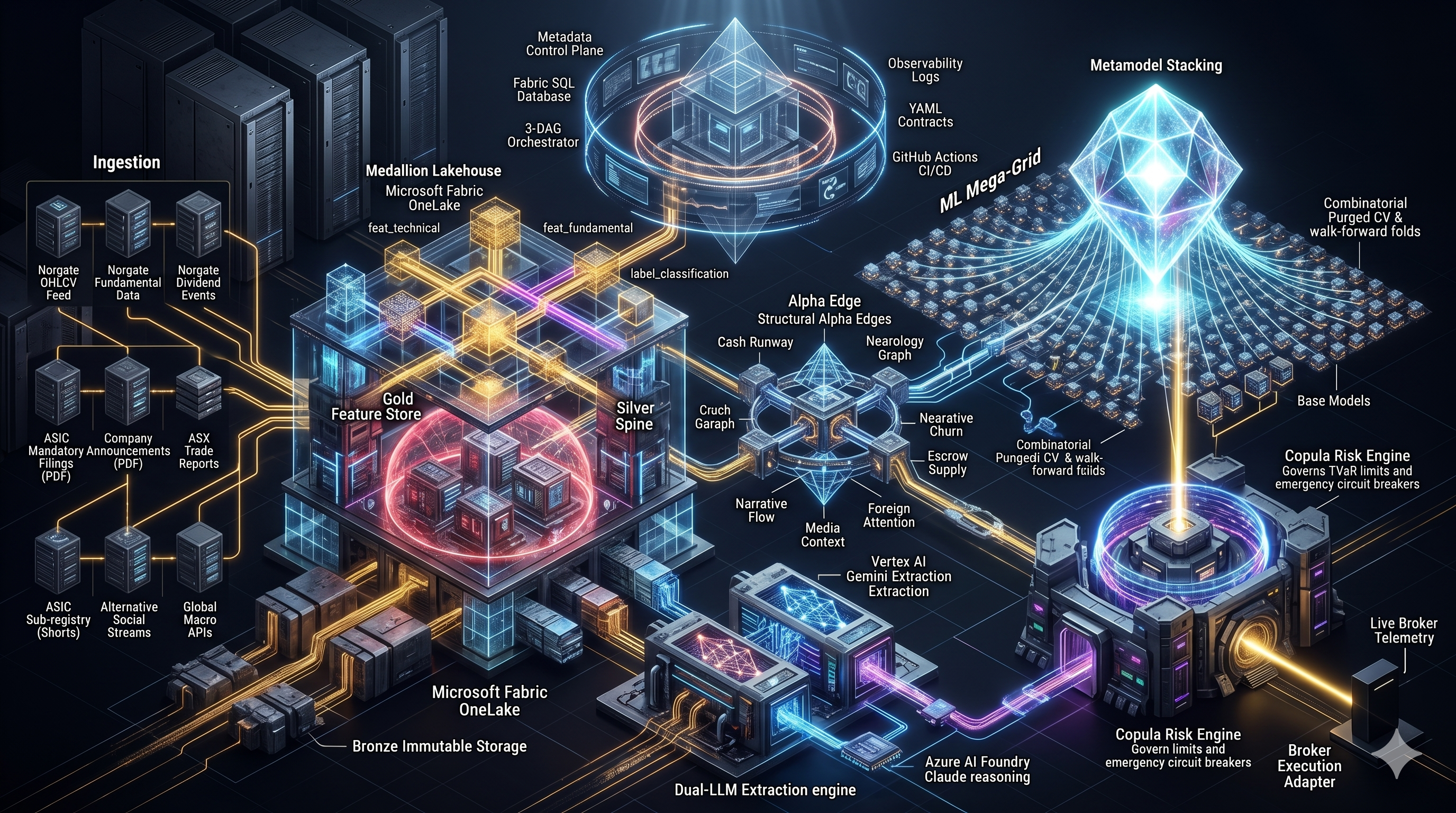 High-density isometric platform rendering: Ingestion (Norgate OHLCV feed, Norgate fundamentals data, Norgate dividend events, ASIC mandatory announcements PDFs, ASIC company trade reports, ASIC sub-registry shorts, alternative news streams, global macro data) feeding Microsoft Fabric OneLake bronze immutable storage; central Medallion Lakehouse with Silver Spine, Gold Feature Store, label classification, feat_technical, feat_fundamental; Dual-LLM Extraction engine (Vertex AI Gemini extraction, Azure AI Foundry Claude reasoning); Metadata Control Plane (Fabric SQL DB, YAML contracts, GitHub Actions CI/CD, observability logs, 3-DAG Orchestrator); Alpha Edges (Cash Runway, Nearology Graph, Narrative Churn, Foreign Supply, Media Content, Foreign Attention); ML Mega-Grid with Metamodel Stacking, Combinatorial Purged CV + walk-forward folds, base models; Copula Risk Engine (TVaR limits, emergency circuit breakers), Live Broker Telemetry, Broker Execution Adapter.