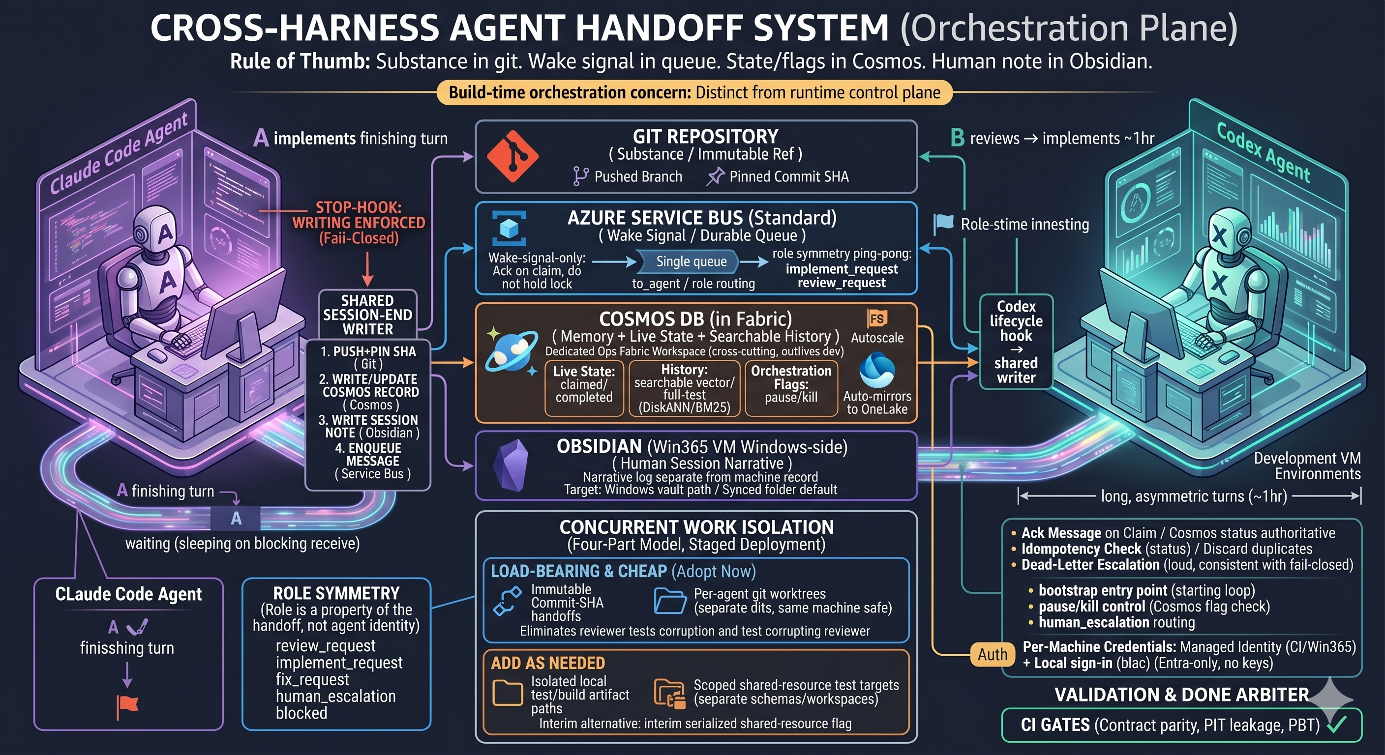 Cross-harness agent handoff system (orchestration plane): the Claude Code Agent on the left and the Codex Agent on the right hand off work through Git (immutable refs, pinned commit SHAs), an Azure Service Bus wake signal, a Cosmos DB live-state and searchable-history store in Fabric, and human session notes in Obsidian on a Windows 365 VM. A concurrent-work model shows load-bearing cheap immutable commits alongside isolated test and build resources, with role symmetry giving each agent a finishing-turn handoff. CI gates act as the validation and done-arbiter via contract parity and point-in-time leakage checks.