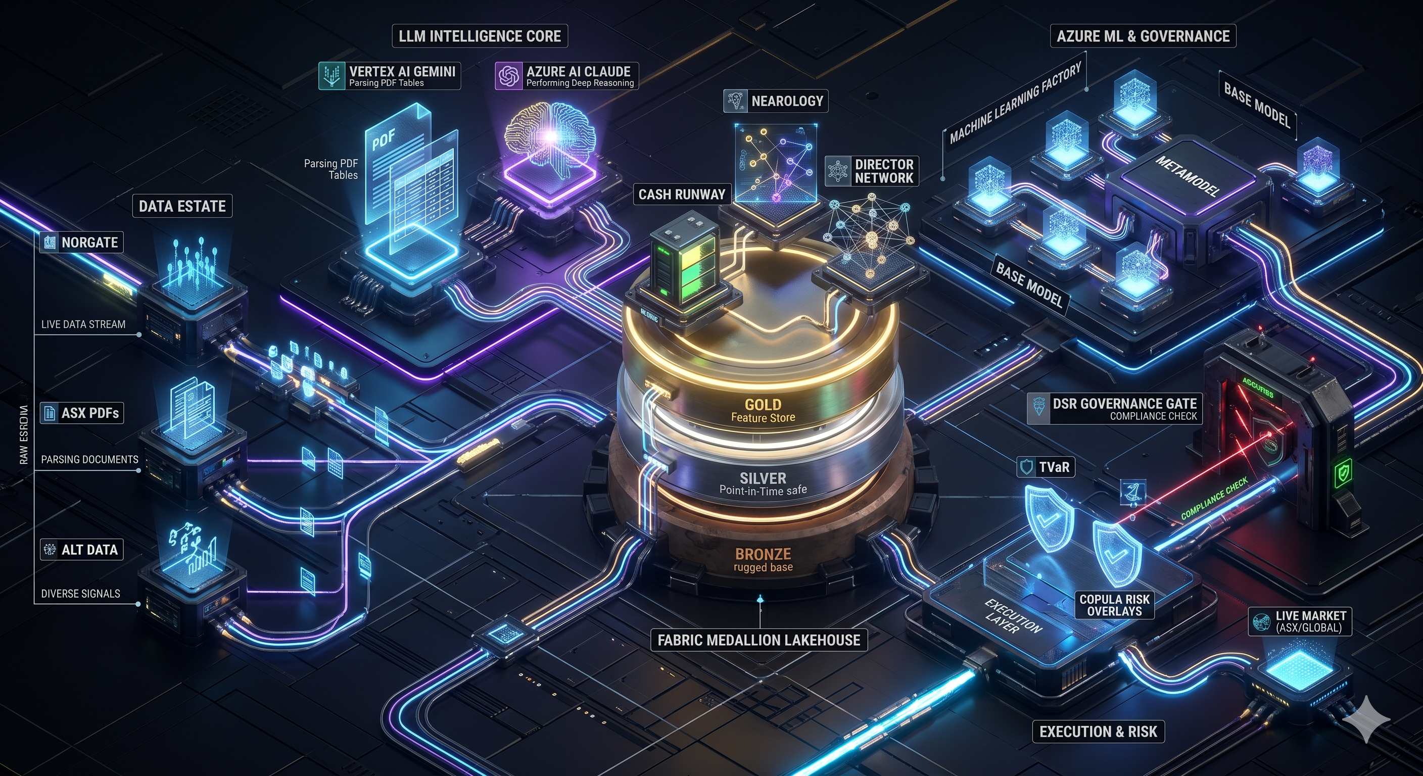 Isometric rendering of the ASX Quant Platform showing the Data Estate (Norgate live data, ASX PDFs, alt data) feeding the Fabric Medallion Lakehouse (bronze, silver, gold), with the LLM Intelligence Core (Vertex AI Gemini parsing, Azure AI Claude) on the left, structural alpha edges (Cash Runway, Nearology, Director Network) above, Azure ML and Governance on the right (Machine Learning Factory, Metamodel, Base Model, DSR Governance Gate), and Live Market with TVaR and Copula Risk Overlays on the lower right feeding Execution & Risk.