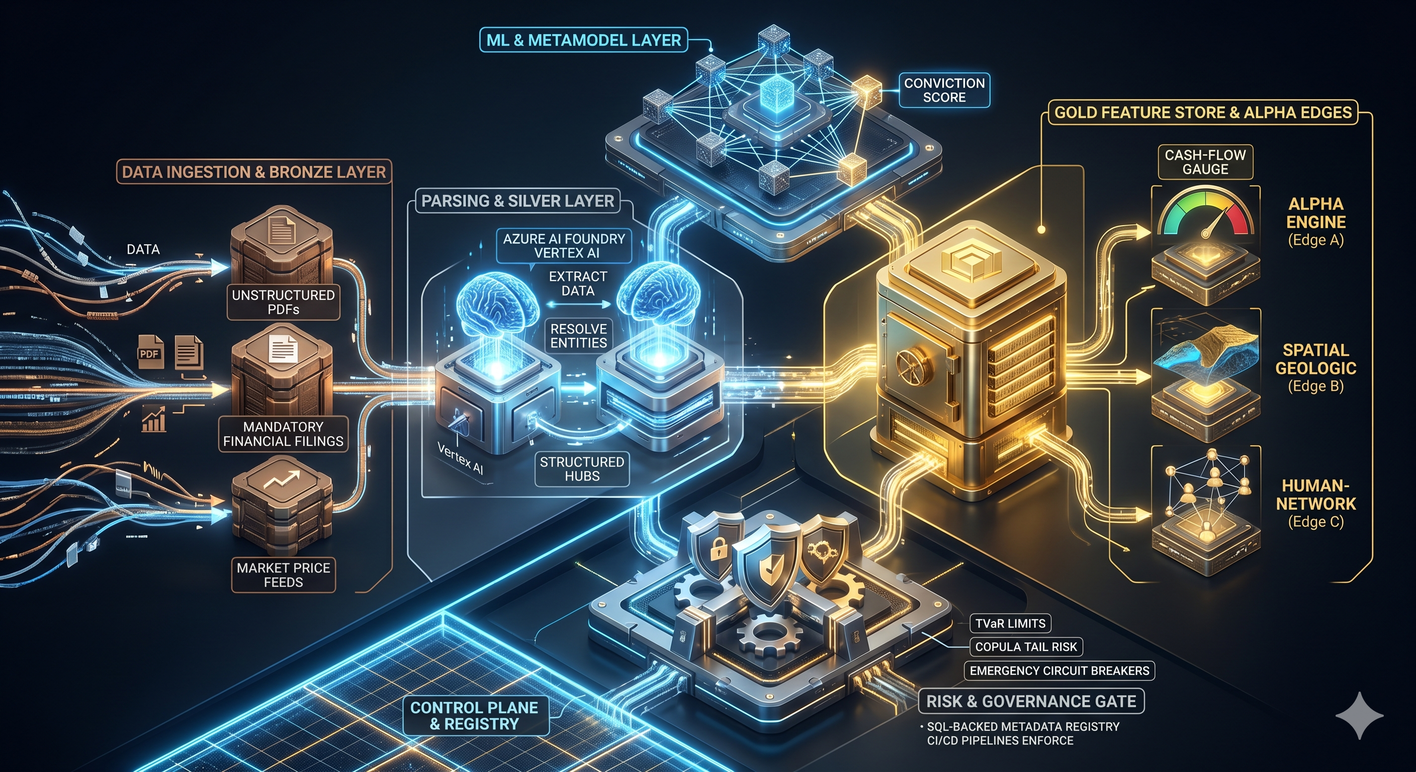 Data pipeline diagram showing bronze ingestion, parsing and silver layer with Azure AI Foundry and Vertex AI, ML metamodel layer, and gold feature store with structural alpha edges.