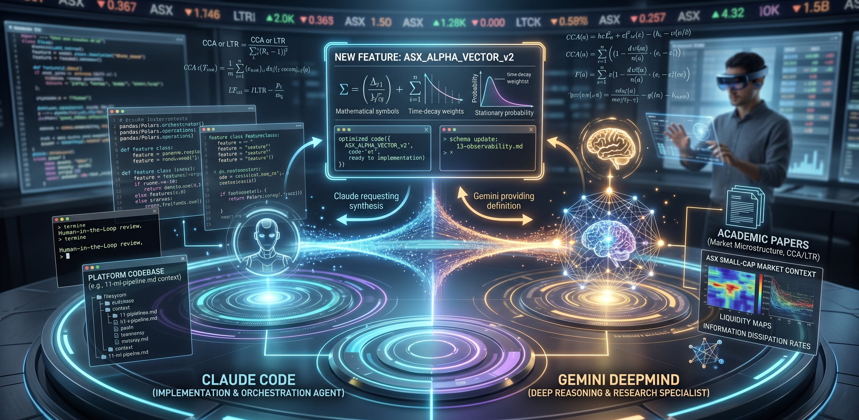 Research intelligence loop: Claude Code (Implementation and Orchestration Agent) on the left, Gemini DeepMind (Deep Reasoning and Research Specialist) on the right, exchanging via the Model Context Protocol. Centre shows NEW FEATURE: ASX_ALPHA_VECTOR_v2 with mathematical formulae, time-decay weights, and accuracy probability. Arrows label Claude requesting synthesis and Gemini providing definition. Right side shows academic papers (market microstructure, CCA, learning-to-rank), ASX small-cap market context, liquidity maps, and information dispersion rates. Left side shows platform codebase panel. A person in an AR headset gestures at the scene.