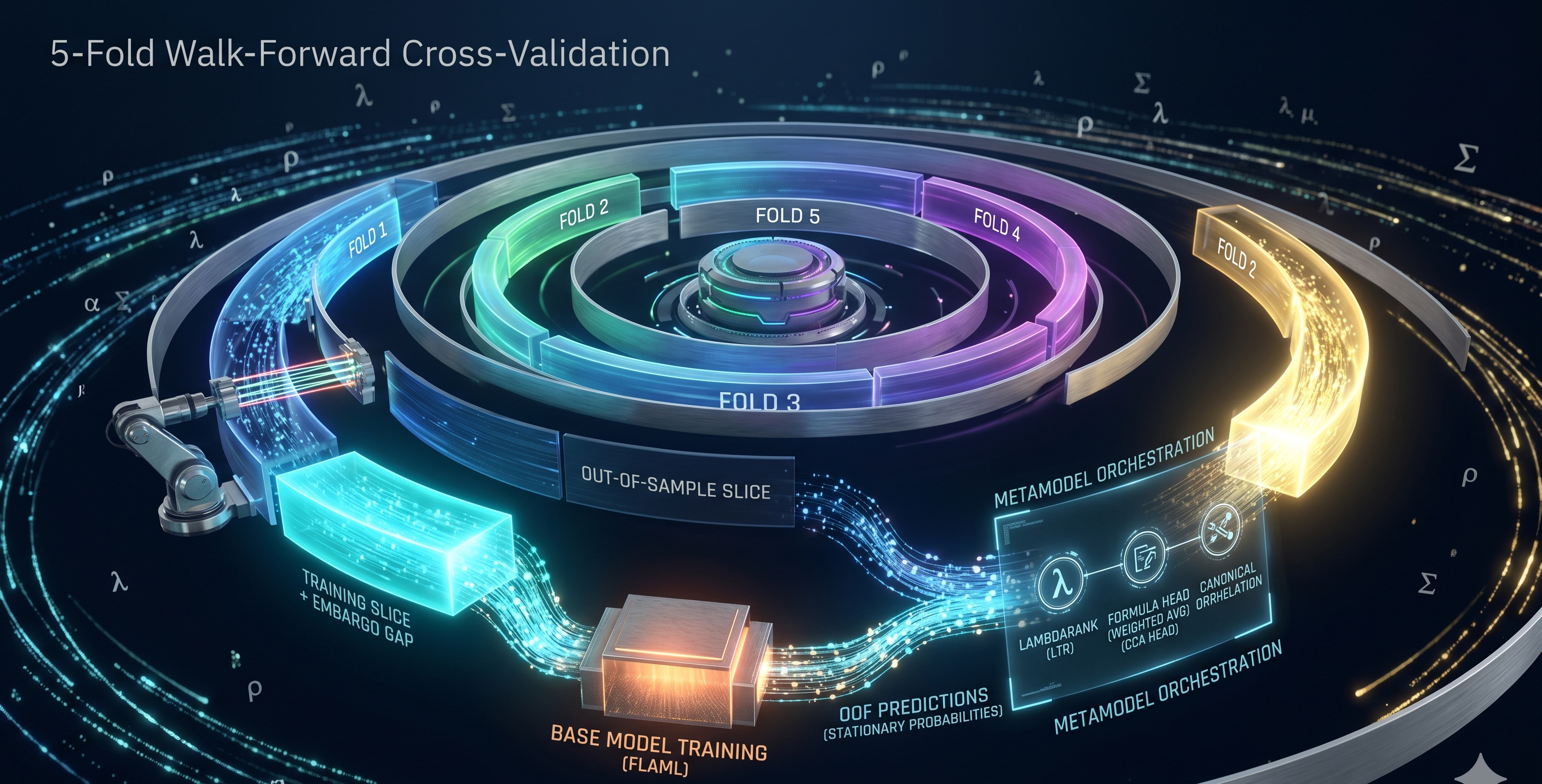 5-Fold Walk-Forward Cross-Validation visualisation: concentric arc rings labelled Fold 1 through Fold 5, with an out-of-sample slice highlighted; below, Training slice plus embargo gap feeds Base Model Training (FLAML); base model out-of-fold predictions (stationary, probabilistic) flow into Metamodel Orchestration with lambda, projection, and exclusion operators. Mathematical notation including lambda and sigma symbols overlays the scene.