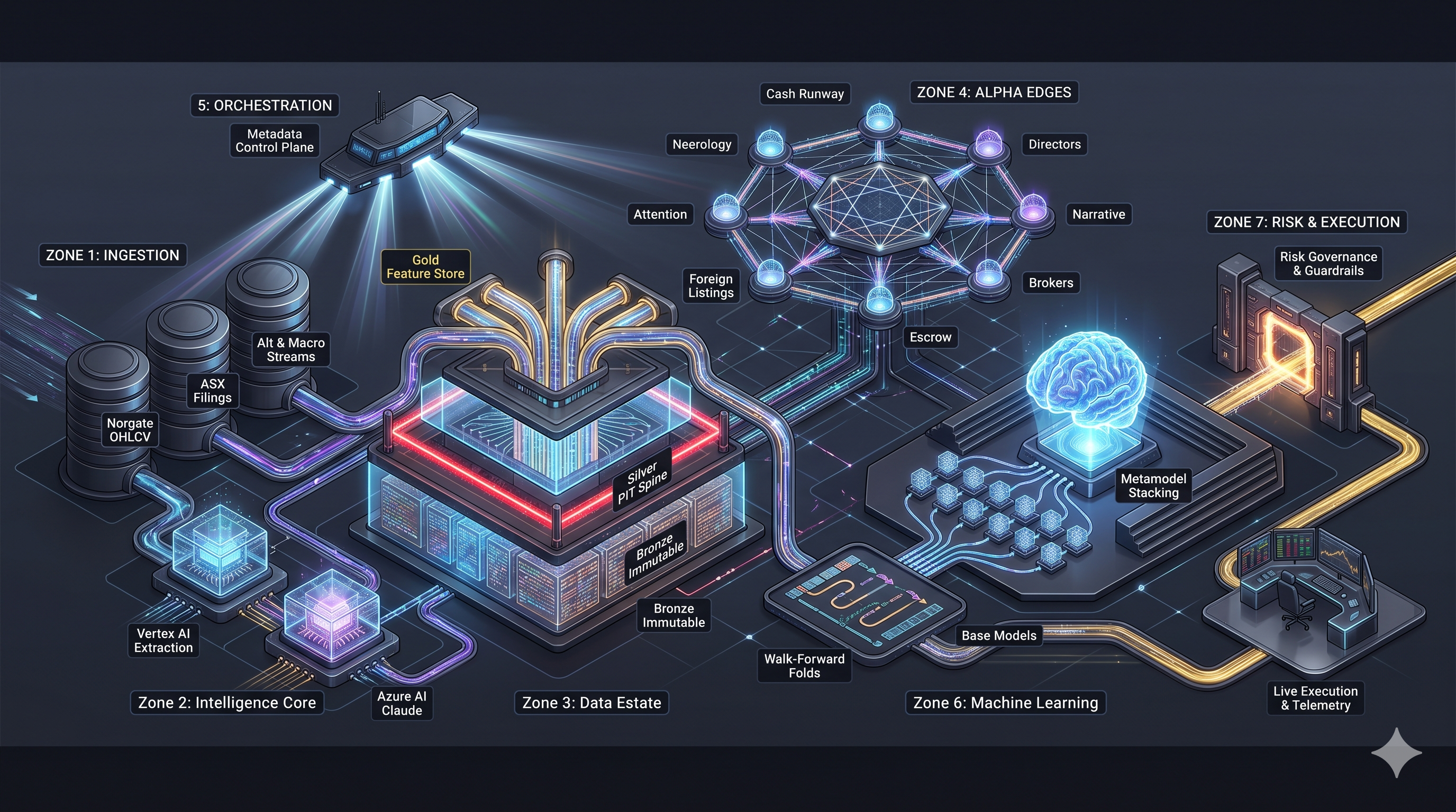 Architectural zones isometric diagram: Zone 1 Ingestion (Norgate OHLCV, ASX Filings, Alt and Macro Streams), Zone 2 Intelligence Core (Vertex AI Extraction, Azure AI Claude), Zone 3 Data Estate (Gold Feature Store with PIT Spine, Bronze Immutable), Zone 4 Alpha Edges (Cash Runway, Nearology, Attention, Foreign Listings, Brokers, Directors, Narrative), Zone 5 Orchestration (Metadata Control Plane), Zone 6 Machine Learning (Walk-Forward Folds, Base Models, Metamodel Stacking), Zone 7 Risk and Execution (Risk Governance and Guardrails, Live Execution and Telemetry, Escrow).